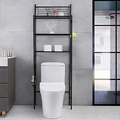 Kimzda 3-Tier Bathroom Over The Toilet Storage Rack Free Standing Metal Frame Shelf Organizer, With 4-Hooks, Black