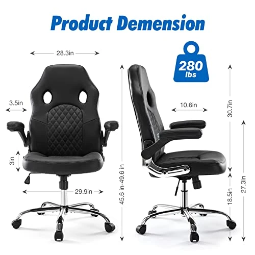 Gaming Chair - Ergonomic Office Chair Desk Chair With Flip-up Armrests And Lumbar Support PU Leather Executive Mid Back Computer Chair For Adults Black - Image 3