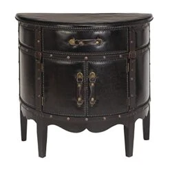 Deco 79 Wood Vintage Faux Leather Cabinet With Leather Buckle Straps And Stud Details, 32" X 17" X 31", Dark Brown