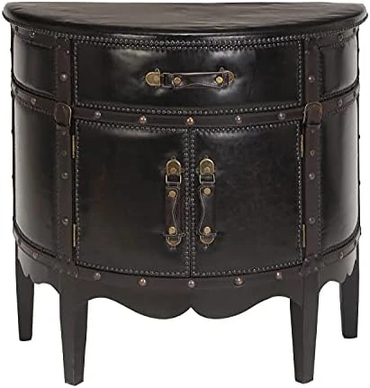 Deco 79 Wood Vintage Faux Leather Cabinet With Leather Buckle Straps And Stud Details, 32" X 17" X 31", Dark Brown - Image 6