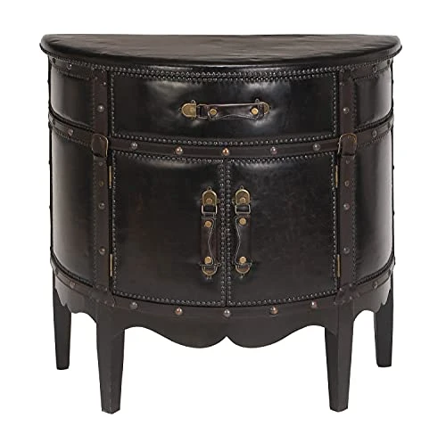 Deco 79 Wood Vintage Faux Leather Cabinet With Leather Buckle Straps And Stud Details, 32" X 17" X 31", Dark Brown
