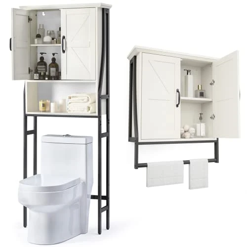 MXARLTR Over The Toilet Storage Cabinet, Over Toilet Bathroom Organizer With Barn Doors Above Toilet Storage Cabinet