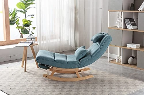 Modern Rocking Lounge Chair, Upholstered Glider Chair For Adults, Accent Rocker Chair With Large Back & Pull Out Pedal, Lie Or Sleep Lazy Chair For Living Room, Bedroom, Balcony (Light Blue Polyester) - Image 4