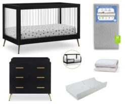 Delta Children Sloane Crib 7-Piece Baby Nursery Furniture Set–Includes: Convertible Crib, Dresser, Changing Top, Crib Mattress, Fitted Sheets, Toddler Guardrail & Changing Pad, Black W/Melted Bronze