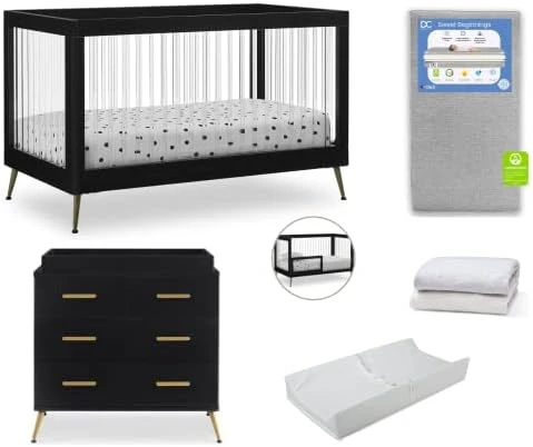 Delta Children Sloane Crib 7-Piece Baby Nursery Furniture Set–Includes: Convertible Crib, Dresser, Changing Top, Crib Mattress, Fitted Sheets, Toddler Guardrail & Changing Pad, Black W/Melted Bronze - Image 7