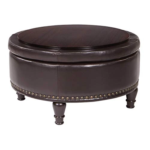 OSP Home Furnishings Augusta Round Storage Ottoman With Decorative Nailheads And Flip Over Lid With Serving Tray Surface, Espresso Faux Leather - Image 4