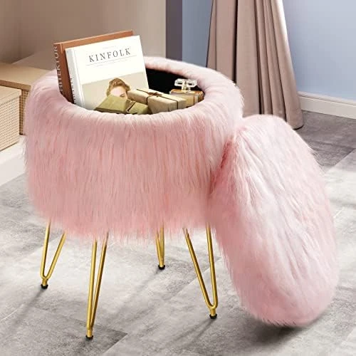 GREENSTELL Vanity Stool Chair With Storage, 15.75" W X 19.29" H Round Faux Fur Ottoman With 4 Metal Legs, Furry Padded Seat, Modern Multifunctional Makeup Stool For Bedroom Living Room Pink - Image 7