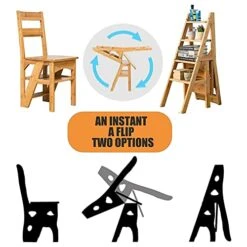 Wooden Folding Library Ladder Chair,Step Ladders,Foldable Chair Counter Chair Step Stool For Adults,Retro Step Stool Chair For Kitchen,2 In 1 Ladder Chair Storage Shelf For Indoor Outoor