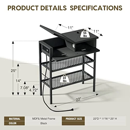 WASAGUN Narrow End Table With Charging Station, Black Nightstand With USB Ports And Outlets, Side Table Living Room Bedroom With Drawer, Skinny Bedside Table Storage Shelves For Small Spaces - Image 3