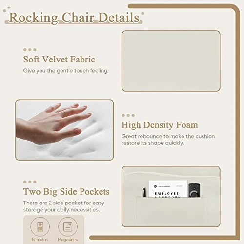 KINFFICT Accent Rocking Chair, Velvet Tufted Upholstered Glider Rocker For Nursery, Comfy Armchair With Side Pockets, Modern Lounge Arm Chair For Living Room, Bedroom (Velvet Off White) - Image 5