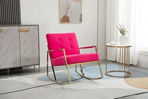 Velvet Accent Rocking Armchair, Modern Uplostered Tufted Nursery Glider Rocker With Armrest And High Backrest, Comfy Side Armchair For Living Room Apartment Bedroom Office (Orange) - Image 11