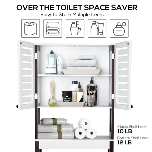 VOWNER Over The Toilet Storage Cabinet, 3-Tier Bathroom Organizer With Louvered-Style Doors And Adjustable Shelf, White And Coffee Brown MDF Board - Image 2