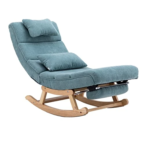Modern Rocking Lounge Chair, Upholstered Glider Chair For Adults, Accent Rocker Chair With Large Back & Pull Out Pedal, Lie Or Sleep Lazy Chair For Living Room, Bedroom, Balcony (Light Blue Polyester)