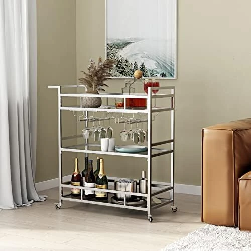 LORMITER Silver Bar Carts With 3 Tier Glass Shelves, Rolling Serving Bar Cart With Wine Rack And Glass Holder, Home Bar Carts & Wine Carts On Wheels For Kitchen, Indoor & Outdoor - Image 7