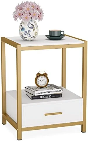 Tribesigns 25 Inch Tall Gold Nightstands With Drawers And Storage Shelf, Modern Bedside Table End Table Side Table For Bedroom, Living Room (1 Pc, Gold And White) - Image 7