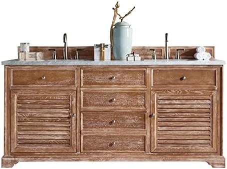 Savannah 72" Double Vanity Cabinet, Driftwood, With 3 CM Eternal Jasmine Pearl Quartz Top W/Sink - Image 5