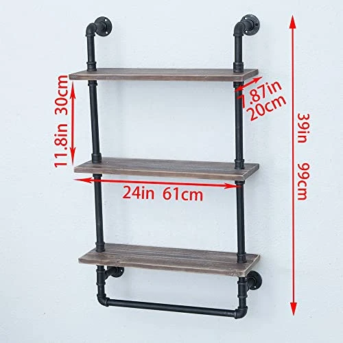 JIANZHUO Industrial Wood Bathroom Shelf Over Toilet With Towel Bar,Rustic Bathroom Shelves Floating Shelves 3 Tier,24in Pipe Shelves Pipe Shelf Towel Racks Wall Mounted,Farmhouse Pipe Shelving - Image 3
