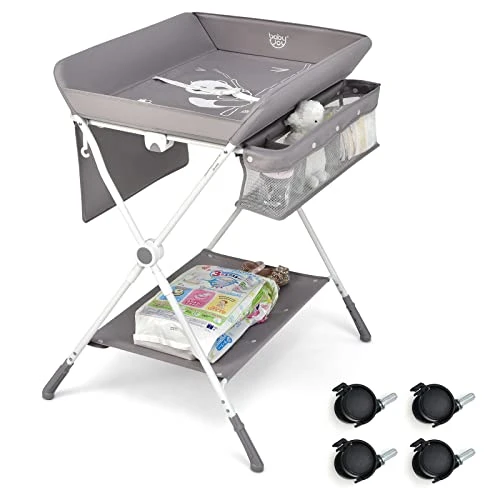 BABY JOY Portable Baby Changing Table, Foldable Infant Diaper Changing Station W/Storage Basket & Shelves, Clothes Rail, Height Adjustable Newborn Nursery Organizer W/ 4 Lockable Wheels (Gray) - Image 6