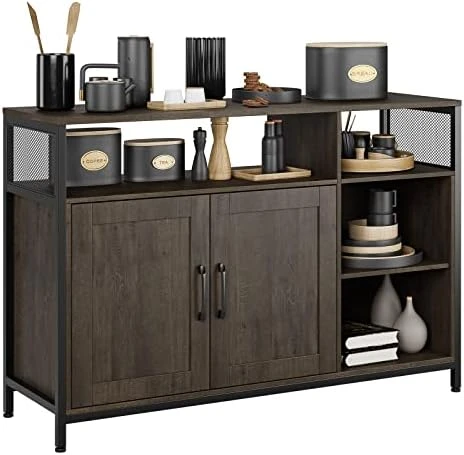 HITHOS Kitchen Buffet Cabinet, Accent Sideboard Buffet With Storage, Wood Floor Storage Cabinet With Doors And Shelves, Industrial Living Room Dining Room Furniture, Dark Brown - Image 8