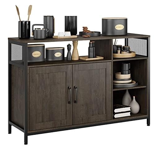HITHOS Kitchen Buffet Cabinet, Accent Sideboard Buffet With Storage, Wood Floor Storage Cabinet With Doors And Shelves, Industrial Living Room Dining Room Furniture, Dark Brown