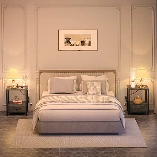 Ecoprsio Nightstands Set Of 2 With Charging Station, Modern Night Stand Bedside Table With Storage Drawer And Shelf, End Side Table With USB Ports & Power Outlets For Bedroom Living Room, Grey Oak - Image 2