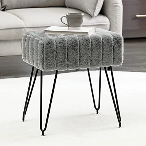 Modern Mink Square Footstool Ottoman Bench, White Faux Fur Vanity Stool With Gold Legs, Comfy Vanity Chair Entryway Bench, Makeup Stools For Vanity, Plush Fluffy Footrest For Bedroom, Living Room - Image 15