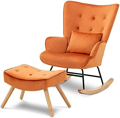 Artechworks Modern Velvet Rocking Chair, Glider Chair With Ottoman Cushion, Nursery Mid Century Upholstered Tufted Chair Rocking Armchair Rocker Accent Chair For Livingroom, Balcony, Caramel - Image 7