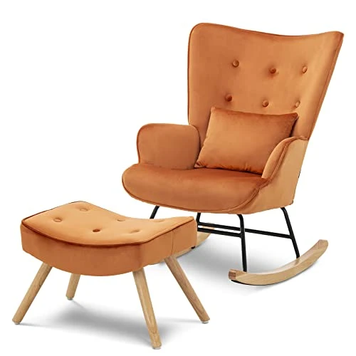 Artechworks Modern Velvet Rocking Chair, Glider Chair With Ottoman Cushion, Nursery Mid Century Upholstered Tufted Chair Rocking Armchair Rocker Accent Chair For Livingroom, Balcony, Caramel