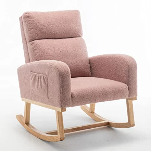 RPSSAT Indoor Rocking Chair Nursery,Comfy Glider Chair ,Teddy Velvet Reading Chair,Modern Lounge Chair,Supportive Nursing Chair (Pink)