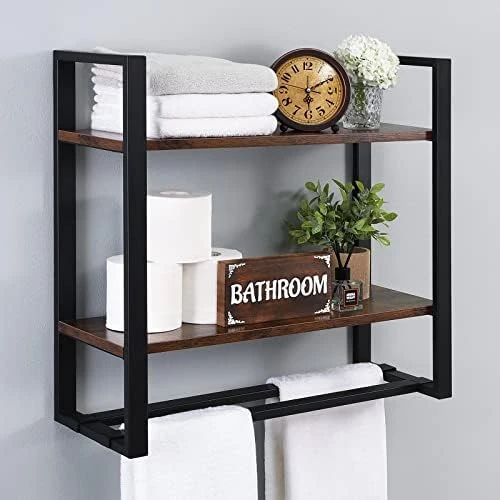 KES Bathroom Shelf With Bar Wall Mounted, 2-Tier Industrial Wooded Rustic Wall Shelf Over Toilet Rack With Double Adjustable Bar Floating Shelves 23.6-inch Metal Black, BTR500S60-BK - Image 9