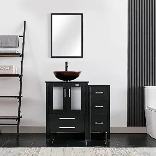 Eclife 36" Black Bathroom Vanity W/Black Side Cabinet Combo Modern Pedestal Cabinet Set Pedestal Stand Wood With Bathroom Vanity Mirror Drawers Soft Closing Cabinet Doors Set (B02B11) - Image 4