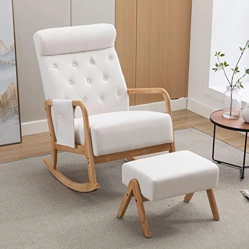 Luccalily Swivel Rocking Chair For Nursery, Upholstered Glider Nursery Chair With Breathable Fabric For Bedroom, Living Room, Beige - Image 9
