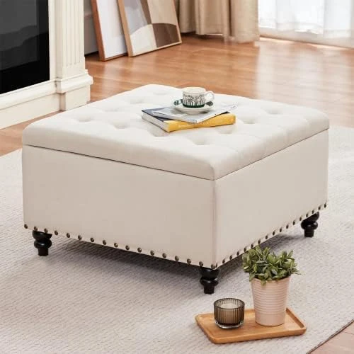 HUIMO Square Storage Ottoman,Ottoman Coffee Table With Storage,Oversized Ottoman,Tufted Storage Ottoman For Living Room (Brown) - Image 6