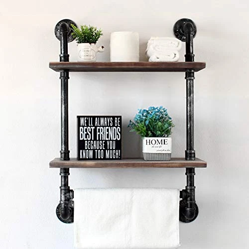 Industrial Pipe Shelf Bathroom Shelves Wall Mounted,19.6in Rustic Wood Shelf With Towel Bar,2 Tier Farmhouse Towel Rack Over Toilet,Pipe Shelving Floating Shelves Towel Holder,Retro Grey