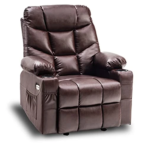 MCombo Manual Glider Rocker Recliner Chair With Cup Holders For Nursery, USB Ports, 2 Side & Front Pockets, Faux Leather 8002 (Dark Brown)