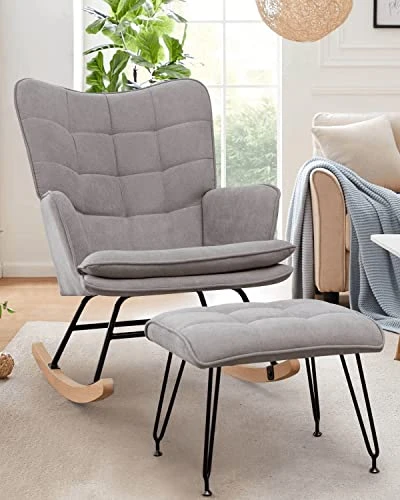 MELLCOM Rocking Chair With Ottoman, High Back Nursery Glider Rocker With Solid Wood Leg, Modern Upholstery Linen Fabric Armchair For Nursery, Living Room And Bedroom - Image 4