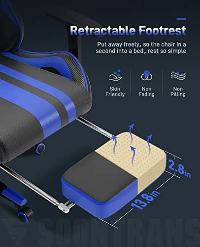 Soontrans Blue Gaming Chair With Footrest, Leather Ergonomic Gaming Chairs For Adults With Massage Lumbar Support & Headrest For Office Work, Height Adjustable Gamer Chair, Comfortable Computer Chair - Image 4