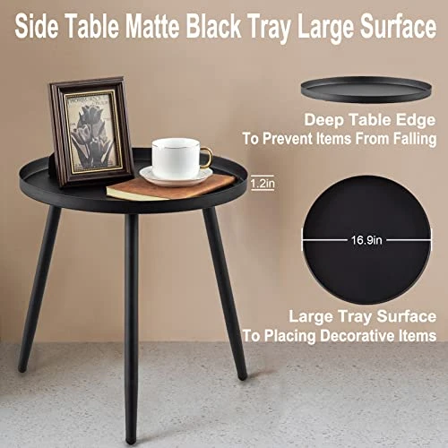 AOJEZOR End Table,Accent Table Ideal For Any Room-Side Table Living Room,Side Tables Bedroom,Side Table Waterproof Metal Structure Great For Indoor & Outdoor,Matte Black Tray Surface With 3 Legs - Image 2