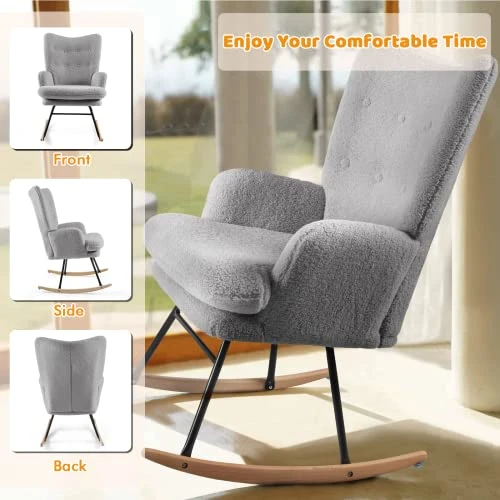 Waleaf Rocking Chair Nursery Teddy Upholstered Glider Rocker Rocking Accent Chair Padded Seat With High Backrest Armchair Bedroom Chair Comfy Chair (Grey) - Image 4