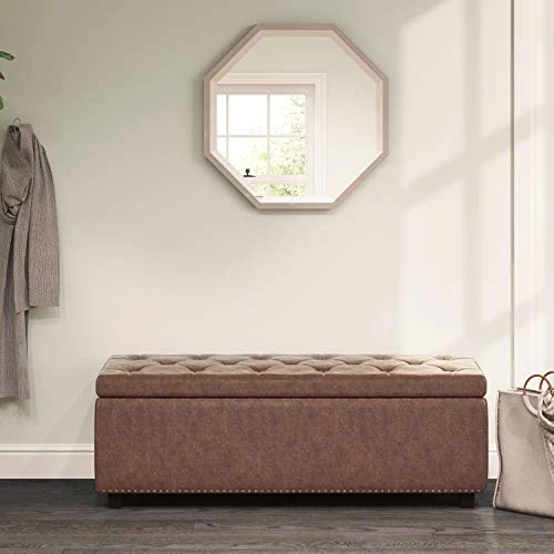 SIMPLIHOME Hamilton 48 Inch Wide Rectangle Lift Top Storage Ottoman In Distressed Umber Brown Tufted Faux Leather With Large Storage Space For The Living Room, Entryway, Bedroom, Transitional - Image 2
