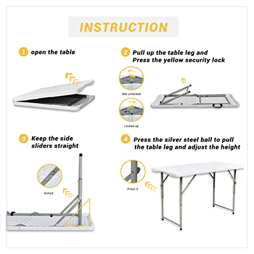 Gnomiya Folding Tables, Portable Folding Card Table Indoor Outdoor Heavy Duty Fold-in-Half Plastic Foldable Dining Table W/Handle, Lock For Picnic, Party, Camping(4ft) - Image 3