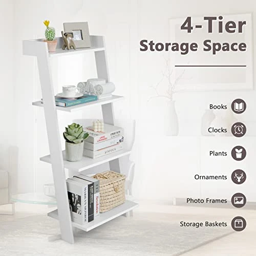 Tangkula 4 Tier Ladder Shelf, Leaning Bookshelf With Solid Wooden Frame, Anti-toppling Device, Anti-falling Baffle, Organizer Shelf, Open Shelving Unit For Home Office, 19.5 X 17.5 X 43 Inches (White) - Image 7