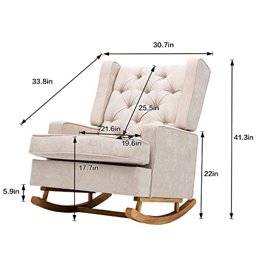 Dolonm Nursery Rocking Chair Upholstered Mid Century Modern Rocker Oversized Wingback Armchair For Living Room With Solid Wood Base (Beige) - Image 2