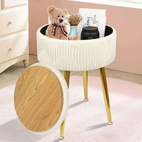 White Ottoman Vanity Stool With Storage - Flip Top Coffee Table Round Makeup Stool, Pleated Upholstered Velvet Stool With Gold Metal Legs,for Living Room, Bedroom - Image 8