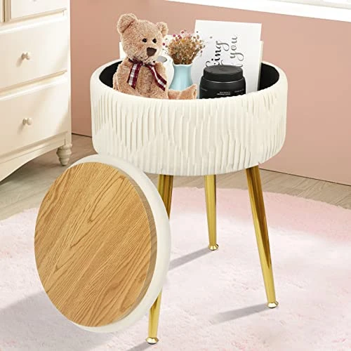 White Ottoman Vanity Stool With Storage - Flip Top Coffee Table Round Makeup Stool, Pleated Upholstered Velvet Stool With Gold Metal Legs,for Living Room, Bedroom