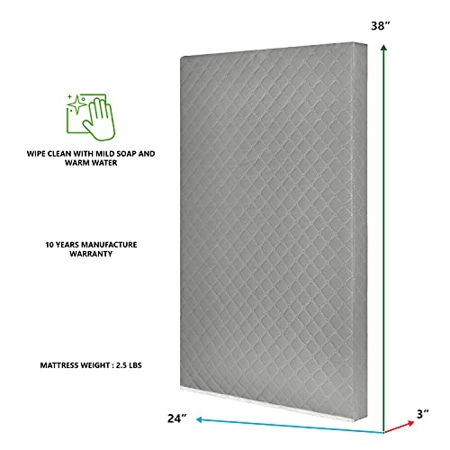 Dream On Me Aster 3" Fiber Portable Mini Crib Mattress, Waterproof Vinyl Cover, Greenguard Gold Certified, Mini Crib Mattress