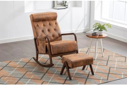 Rocking Chair With Ottoman, Mid-Century Modern Rocking Armchair, High Back Nursery Rocker With Button Tufted Back, Accent Glider Rocker Chair With Side Pocket For Living Room Bedroom, Yellow - Image 9