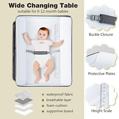 INFANS Baby Changing Table, Folding Diaper Station Portable Nursery Organizer With Safety Belt And Large Storage Racks For Newborn Baby And Infant (Grey)
