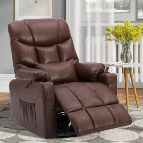 OBBOLLY Manual Swivel Glider Rocker Recliner Chair-Nursery Rocking Recliner Chair,Wingback Design 360° Swivel Chair With Lumbar Pillow, Cup Holders, Side Pockets For Living Room (PU Brown, Single)