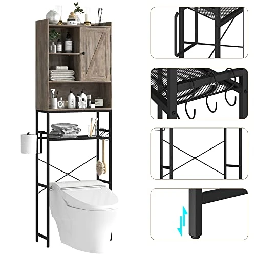 Over The Toilet Storage Cabinet, 4-Tier Bathroom Organizer Shelves, Toilet Organizer Rack With With Cupboard And Hooks, Easy Assembly, Light Gray - Image 3